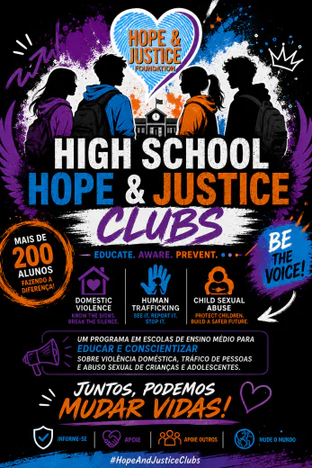 Clubs poster in Portuguese: a high school program on domestic violence, trafficking and child abuse