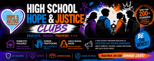 High School Hope & Justice Clubs banner: 200+ students, be the voice