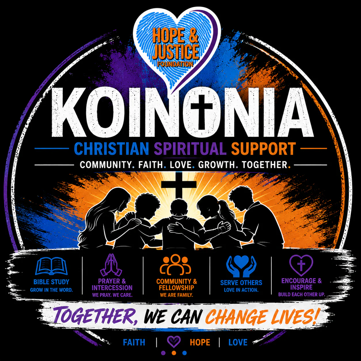 KOINONIA Christian Spiritual Support seal: community, faith, love, growth, together