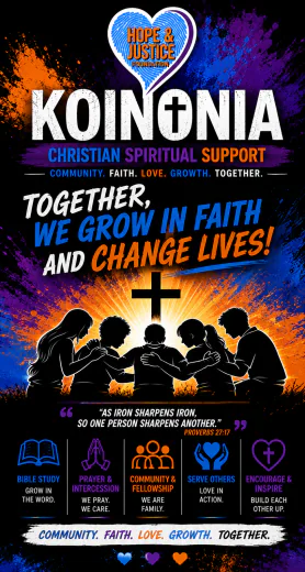 KOINONIA vertical poster with Bible study, prayer, fellowship and service