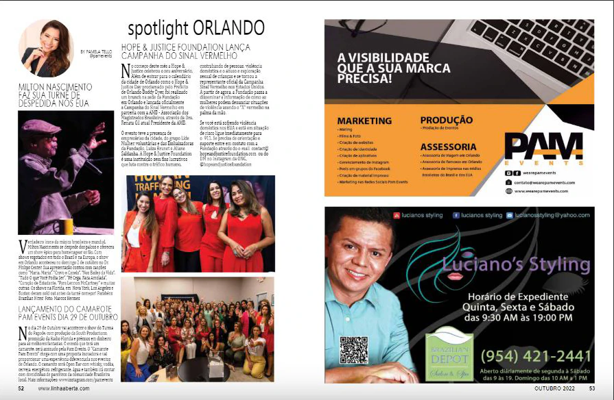 Linha Aberta Magazine pages featuring the Hope & Justice Foundation
