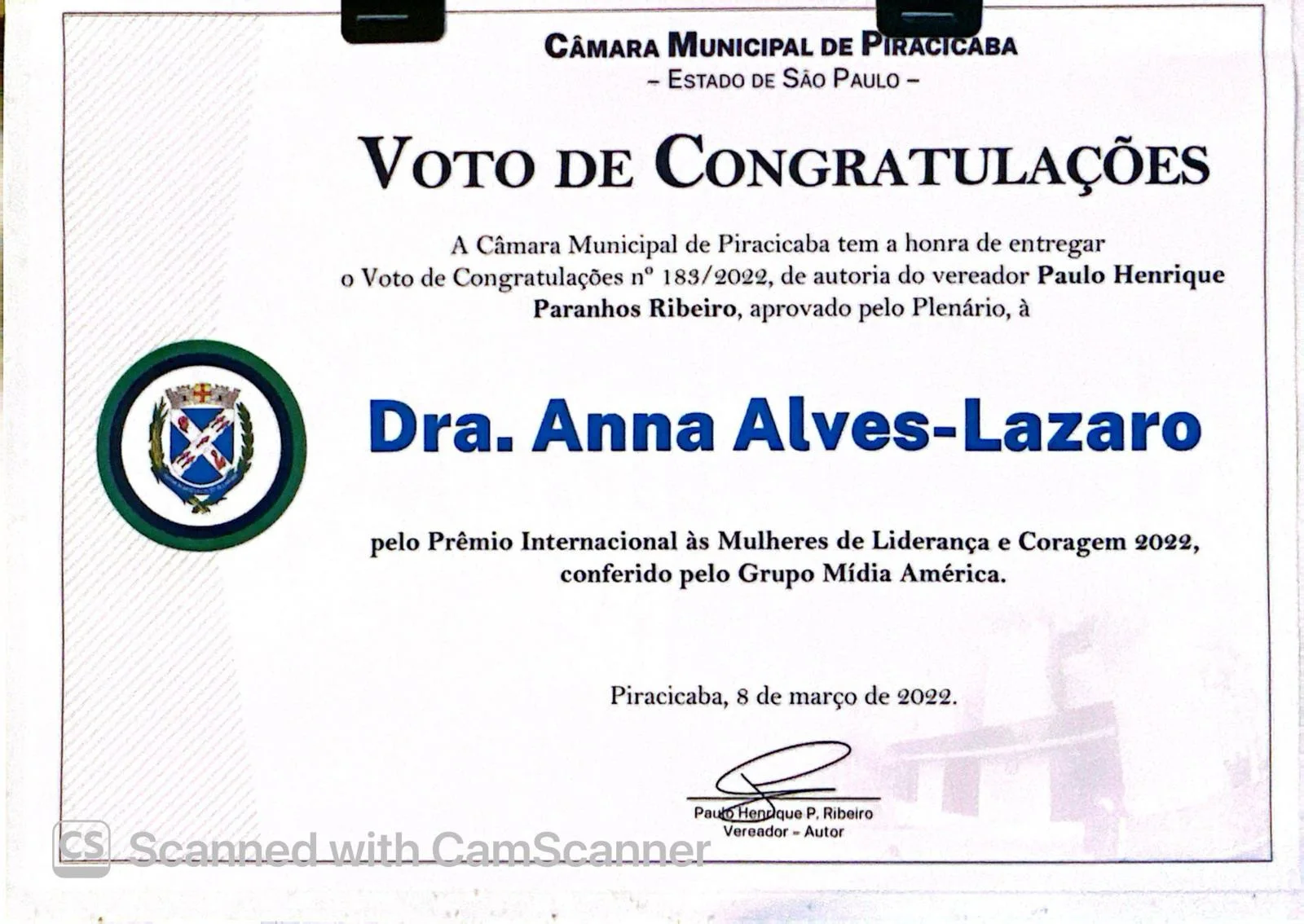 Vote of Congratulations – Piracicaba City Council